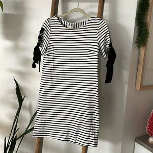 Maeve x Anthropologie Black and White Stripe Dress with Sleeve detail